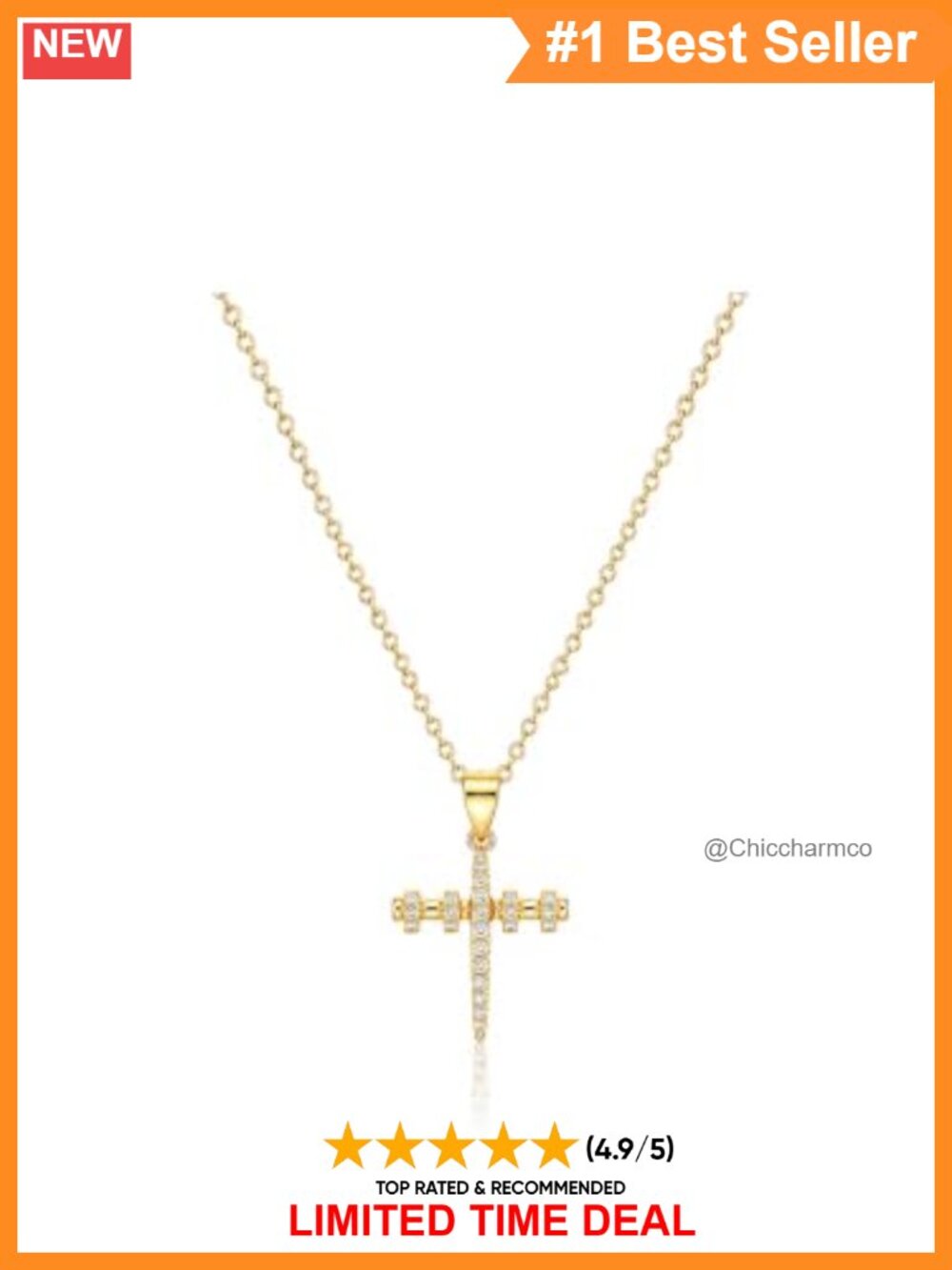 14K Gold Finish Cross Necklace Women Sparkling Pendant Adjustable Chain